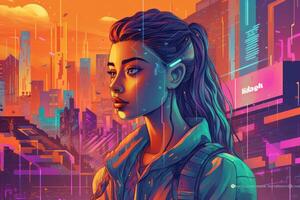 Abstract and retro futuristic robot woman illustration with multiple color laser neon effect. photo