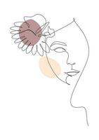 Continuous one simple single abstract line drawing of woman face with flower. Linear stylized. vector