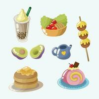 Cute Milkshake Pancake and Cakes Food Snacks Icons Collection Vector