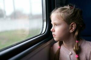 The child is on the train and looks out the window. A little girl travels in a train. photo