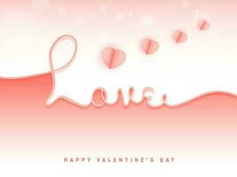 Love Calligraphy With Paper Cut Hearts Decorated On Glossy Pastel Red And White Background For Happy Valentine's Day Concept. vector