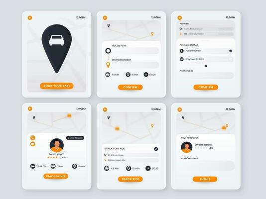 Online Taxi Booking App UI, UX Or Template Design In Six Options.