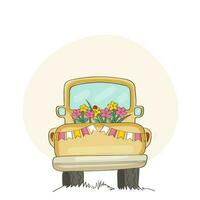 Doodle Taxi Decorated With Flowers And Bunting Flag Against White Background. vector