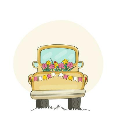 Doodle Taxi Decorated With Flowers And Bunting Flag Against White Background.