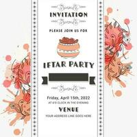 Iftar Party Invitation Card With Watercolor Effect And Floral Decorated On White Background. vector