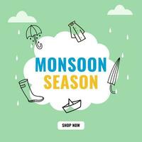 Monsoon Season Sale Poster Design With Linear Umbrella, Raincoat, Boot, Paper Boat, Drops On White And Green Background. vector