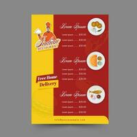 indio restaurante menú tarjeta modelo con gratis hogar entrega en amarillo y rojo color. vector