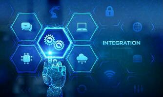 Integration data system. System Integration technology concept. Industrial and smart technology. Business and automation solutions. Robotic hand touching digital interface. Vector illustration.