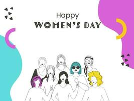 Vector Illustration Of Diverse Young Ladies Group On Abstract Background For Happy Women's Day Concept.