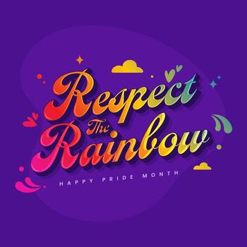 Gradient Respect The Rainbow Font With Hearts, Arc Drops And Cloud On Purple Background. vector