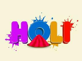 Colorful Holi Font With Splatter Effect And Plate Full Of Dry Color On Pastel Yellow Background. vector