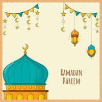 Ramadán kareem concepto con cerca arriba de parte superior mezquita, Arábica linternas, creciente luna, estrellas colgar y verderón bandera en beige antecedentes. vector