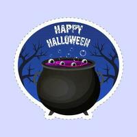 Happy Halloween Font With Boiling Cauldron Pot, Eye Balls And Bare Trees In Sticker Style On Blue Background. vector