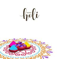 Happy Holi Celebration Greeting Card With Clay Bowls Full Of Color Powder And Flowers On Rangoli White Background. vector