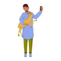 Islamic Man Taking Selfie With Goat On White Background. vector