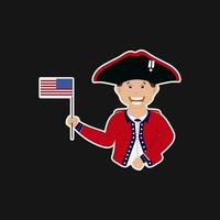 Sticker Style British Uniform Wearing Cheerful Little Boy Showing Flag On Black Background. vector