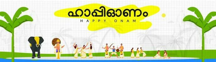 contento onam escrito por malayalam idioma con sur indio personas celebrando festival, Rey Mahabali y elefante en blanco antecedentes. vector