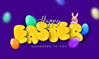 Happy Easter Wishes With Cartoon Rabbit Wearing Face Mask And Colorful Glossy Eggs On Violet Background. vector