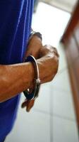 Man handcuffed hands. Prisoner or arrested. photo