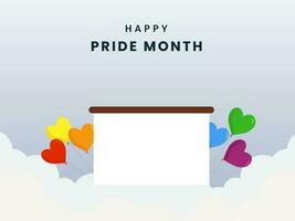 Happy Pride Month Poster Design With Colorful Heart Balloons, Empty Scroll Paper On White And Pastel Blue Background. vector