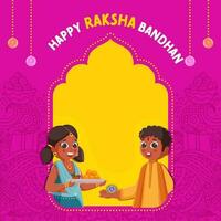 Happy Raksha Bandhan Greeting Card With Indian Kids Celebrating Festival Of Rakhi On Yellow And Pink Paisley Pattern Background. vector