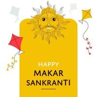 contento makar sankranti concepto con garabatear estilo surya cara personaje, volador cometas en amarillo y blanco antecedentes. vector