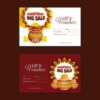 Dhanteras Big Sale Gift Voucher Template Design With Gold Coin Pots In Red And White Color Options. vector
