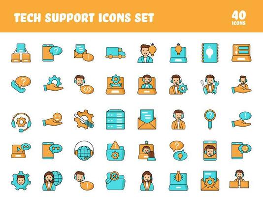 Set of Tech Support Icon Or Symbol In Orange And Turquoise Color.