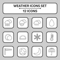 12 Weather Linear Icon Set On White And Grey Square Background. vector