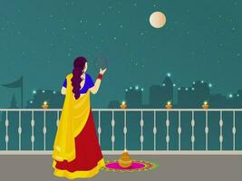 Indian Hindu Festival Karwa Chauth Concept with Young Indian Woman Performing Ritual in the Full Moon Night. vector