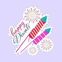 Happy Diwali Font With Firecracker Rockets And Fireworks In Sticker Style On Pastel Violet Background. vector