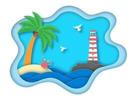 Blue And White Paper Layer Cut Background With Water Waves, Crab, Coconut Tree, Flying Birds, Lighthouse. vector