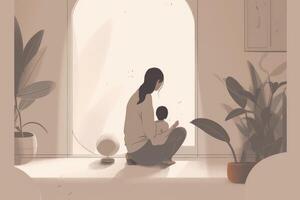 Minimalist Mother's Day illustration that depicts a mother and child in a peaceful indoor setting. Soft, muted tones. photo