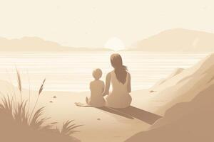 Mother's Day illustration with a minimalist style that showcases a mother and child enjoying a peaceful day at the beach. Soft, muted tones. photo