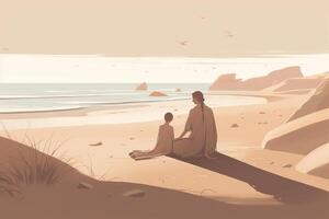 Mother's Day illustration with a minimalist style that showcases a mother and child enjoying a peaceful day at the beach. Soft, muted tones. photo
