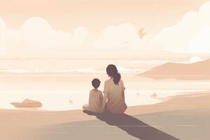 Mother's Day illustration with a minimalist style that showcases a mother and child enjoying a peaceful day at the beach. Soft, muted tones. photo