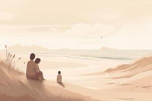 Mother's Day illustration with a minimalist style that showcases a mother and child enjoying a peaceful day at the beach. Soft, muted tones. photo