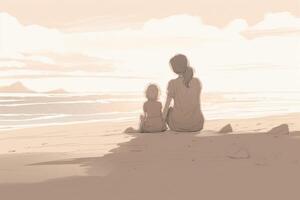 Mother's Day illustration with a minimalist style that showcases a mother and child enjoying a peaceful day at the beach. Soft, muted tones. photo