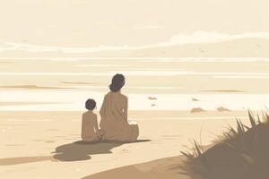 Mother's Day illustration with a minimalist style that showcases a mother and child enjoying a peaceful day at the beach. Soft, muted tones. photo