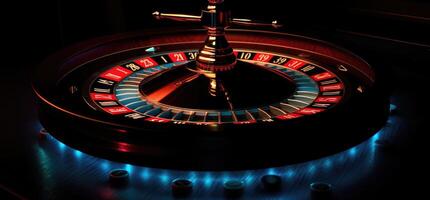 Roulette wheel with blue background and lights, casino photo. photo