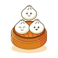 Dim sum Dumpling cute cartoon character with various smile expression face in top of bamboo container  vector flat art Illustration free editable