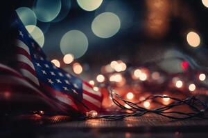 Photo of american flag in front of bokeh effect of cityscape in background.