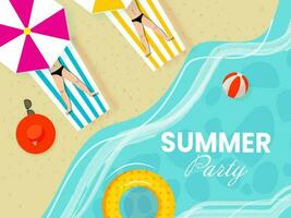 Summer Party Poster Design With Top View Of Human Lying At Sunbed, Umbrella And Swimming Ring On Beach View Background. vector