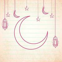 Doodle Style Crescent Moon With Hanging Arabic Lanterns, Stars Decorated On Retro Notebook Paper Background And Copy Space. vector