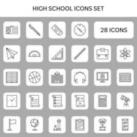 Black Line Art High School Icon Set On Grey And White Square Background.. vector