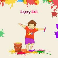 Cartoon Boy Playing Colors With Water Gun, Bucket And Color Splash Effect On Beige Background For Holi Celebration. vector