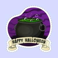 Sticker Style Happy Halloween Font With Boiling Cauldron Pot, Eye Balls On Purple And Blue Background. vector