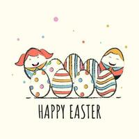 Happy Easter Celebration Concept With Doodle Style Eggs And Cartoon Faces On White Background. vector