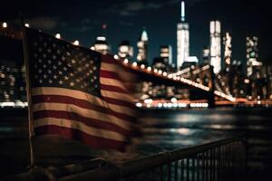 Photo of american flag in front of bokeh effect of cityscape in background.