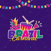 Colorful Brazil Carnival With Sticker Style Festival Elements And Bunting Flags Decorated On Purple Rays Background. vector